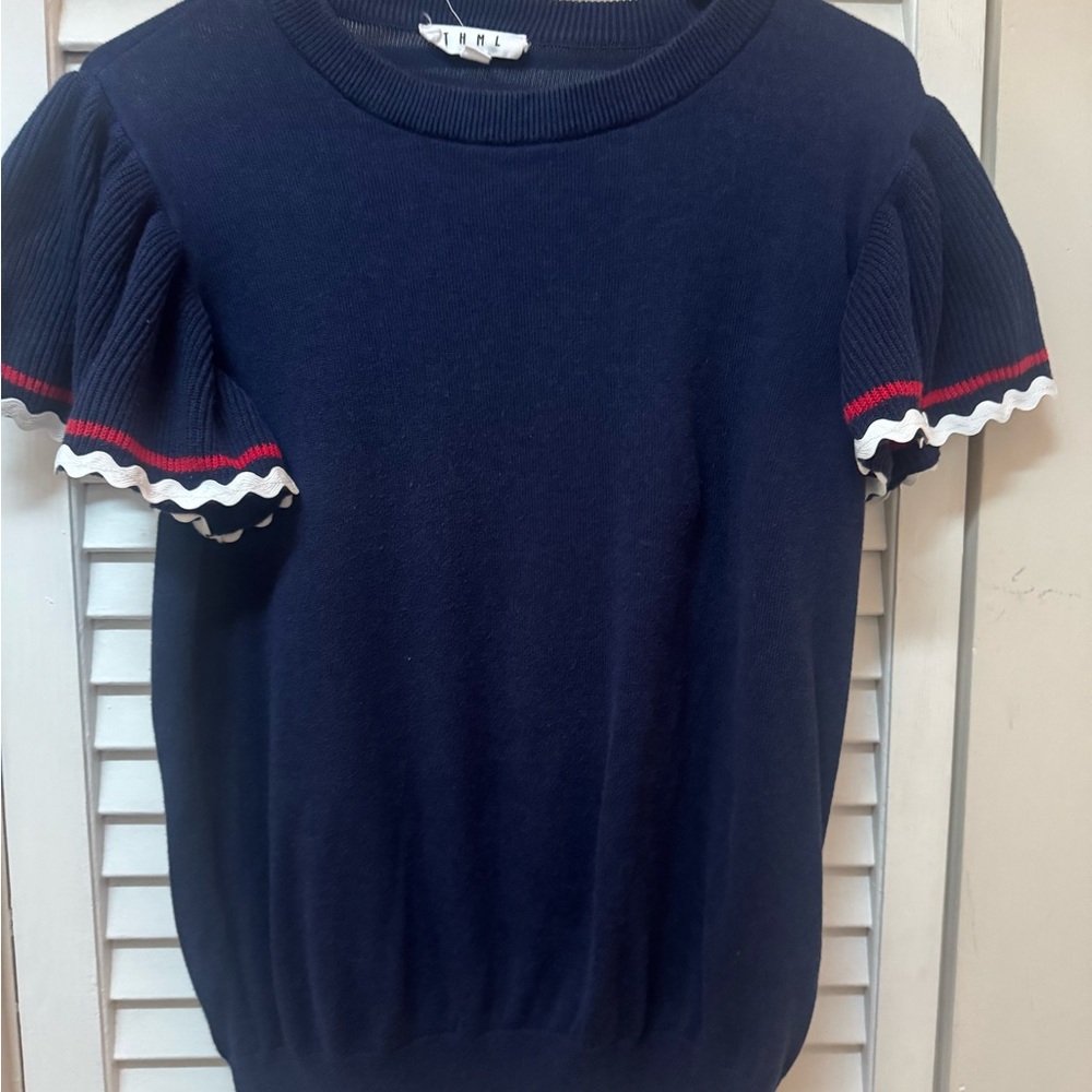 Navy Short Sleeve Knit Top with Red & White Trim